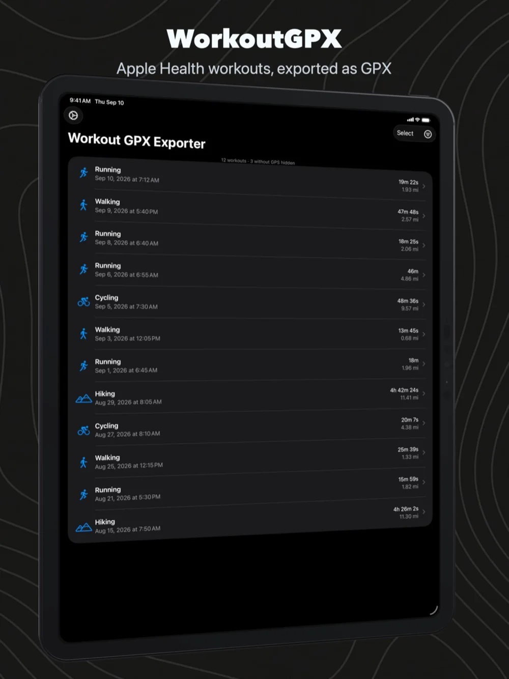 WorkoutGPX on iPad: the workout list with date, duration and distance