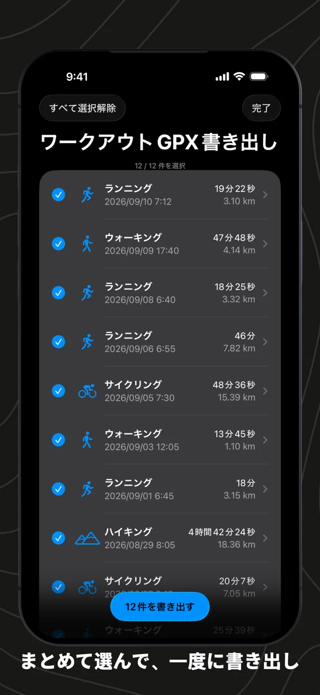 WorkoutGPXで12件のワークアウトにチェックが付き、下部に「12件のワークアウトを書き出す」ボタン