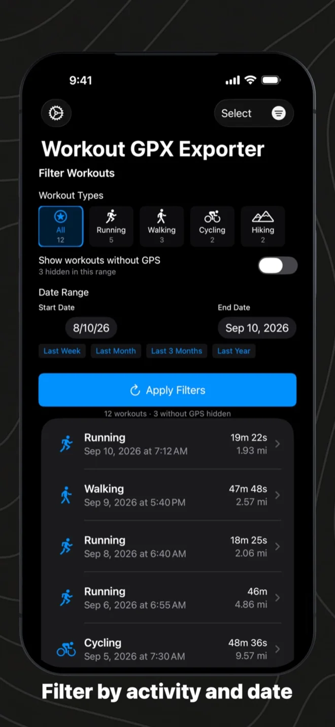 The filters: activity types with counts, a switch for workouts without GPS, a date range with presets