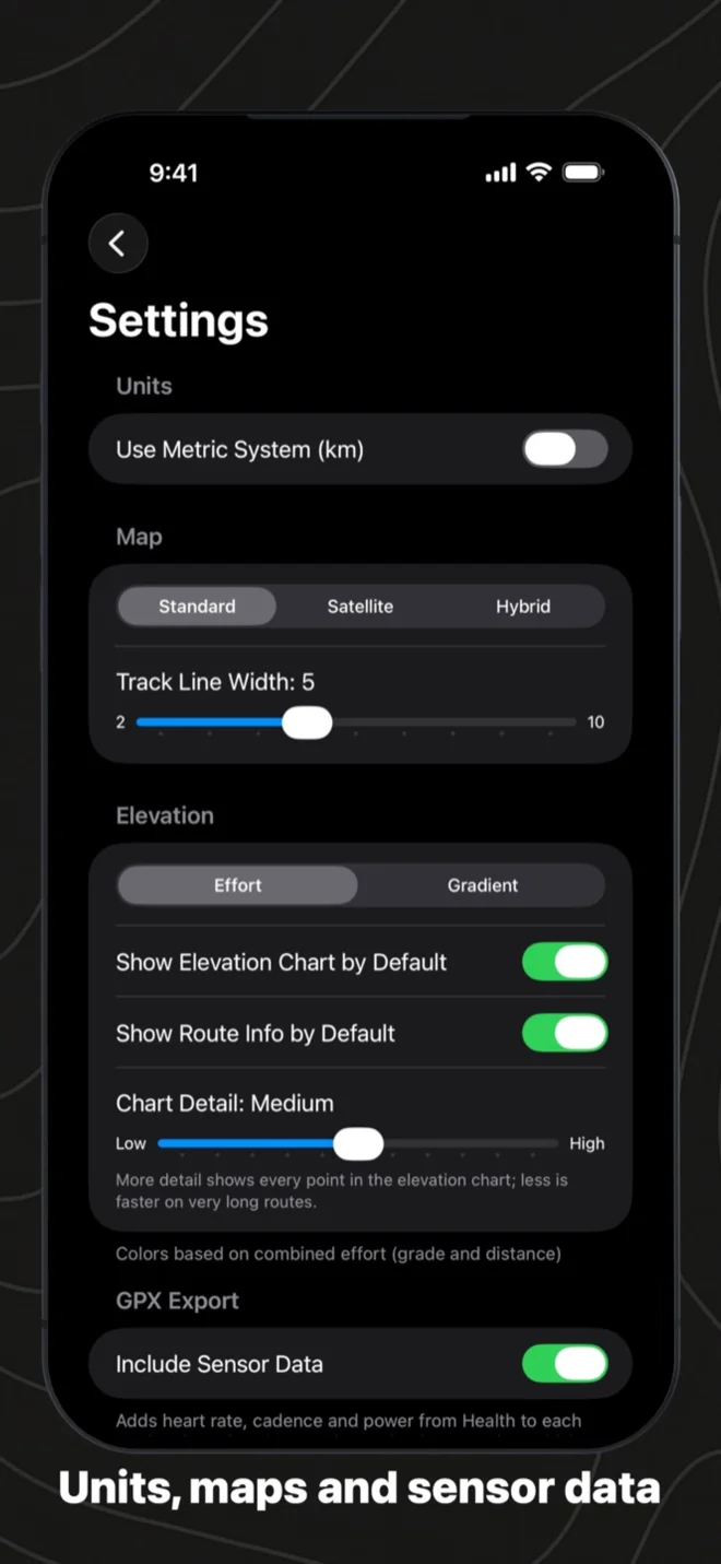 Settings: metric or imperial, map style, line width, elevation colouring and sensor data in exports