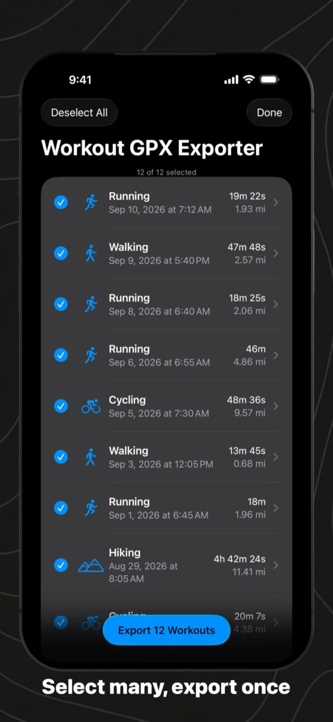 Twelve workouts ticked in WorkoutGPX, with an Export 12 Workouts button at the bottom