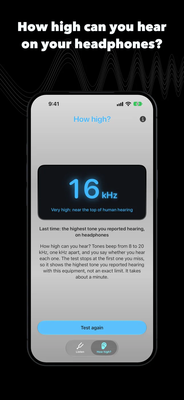 How high can you hear on your headphones? The last result, 16 kHz, and Test again
