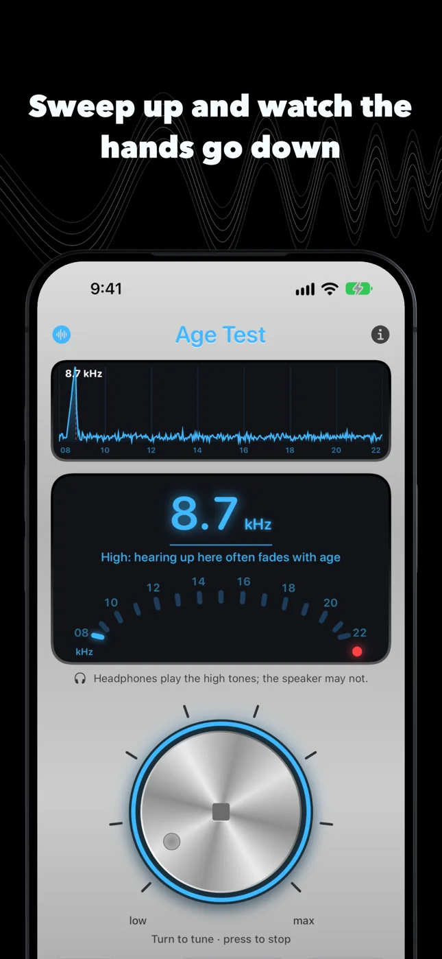 Sweep up and watch the hands go down: the sweep passing 8.7 kHz, its peak on the spectrum