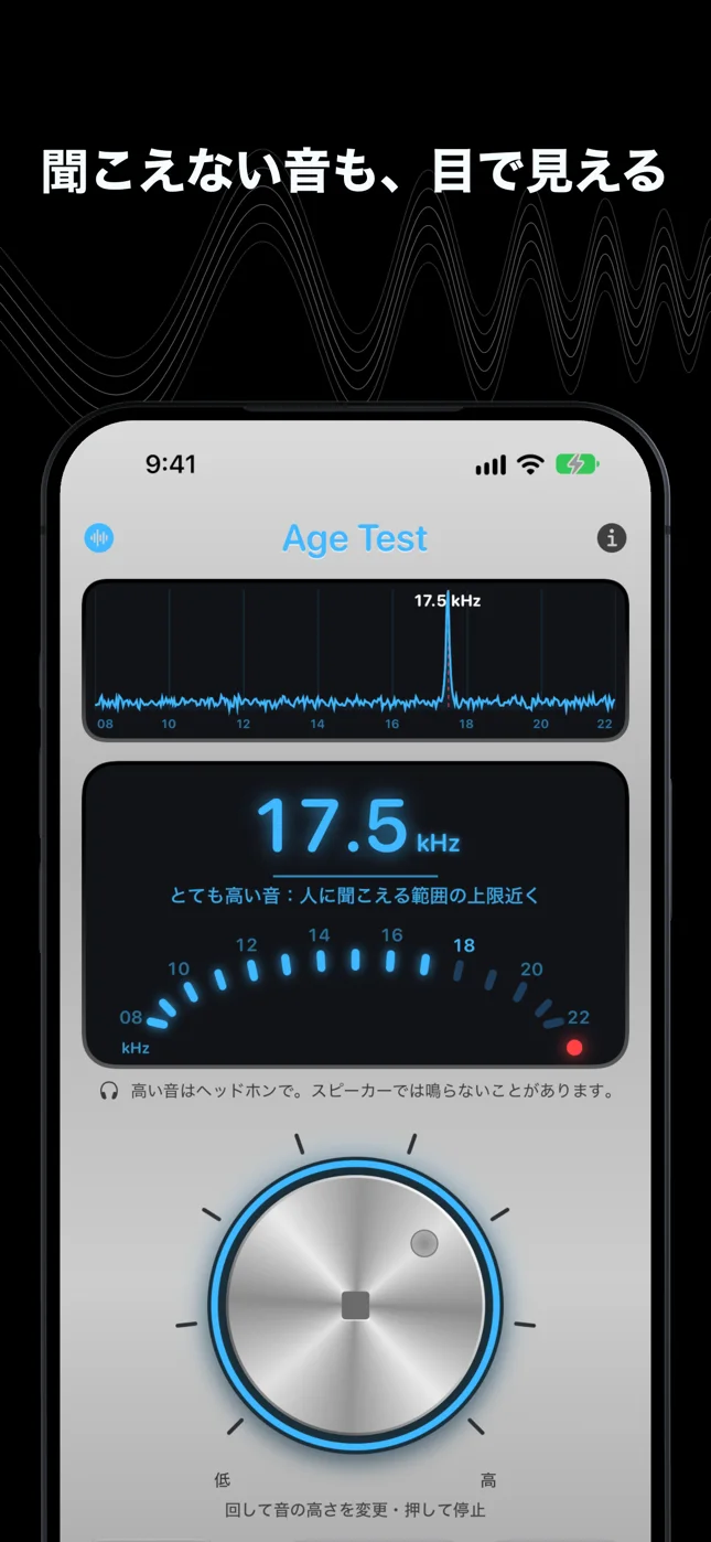 聞こえない音も、目で見える：表示の上のスペクトルに、17.5 kHzの鋭い山がひとつ