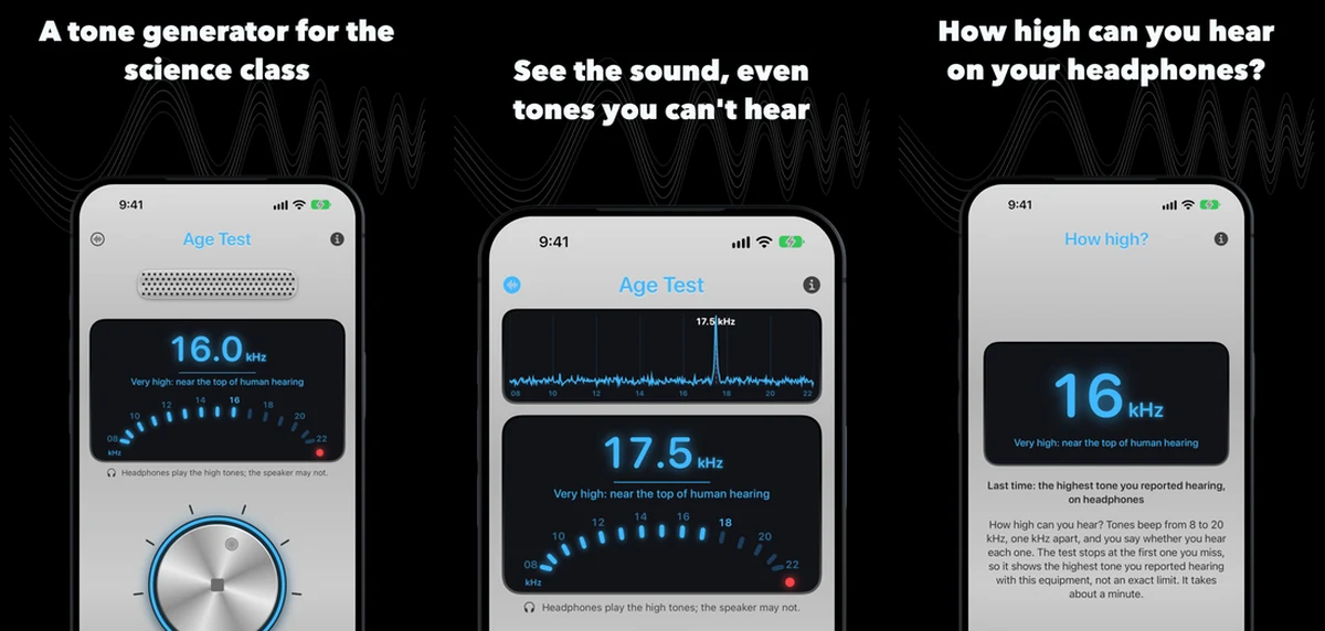 Age Test: the aluminum knob playing 16.0 kHz, a live spectrum with a peak at 17.5 kHz, and How high? showing 16 kHz