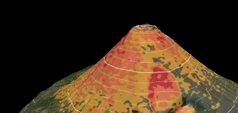 Mount Fuji in 3D in Geo Elevation: the cone coloured by slope, with white contour lines