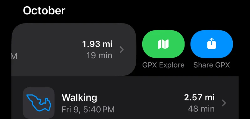 A workout swiped aside in the WorkoutGPX list, showing GPX Explore and Share GPX buttons, above a walk with the outline of its route