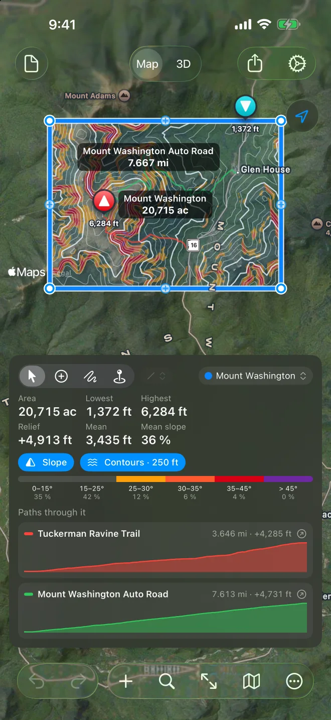 Geo Elevation on iPhone: the Mount Washington area on the map with the card below it showing the tools, the area's numbers, Slope and Contours, and two trail profiles