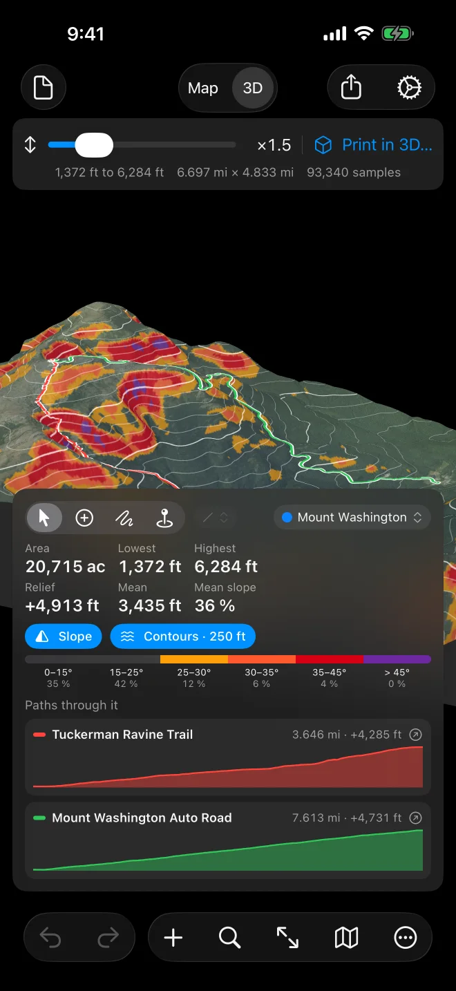 Geo Elevation on iPhone in 3D: the Mount Washington block with slope colours, the height slider and Print in 3D at the top