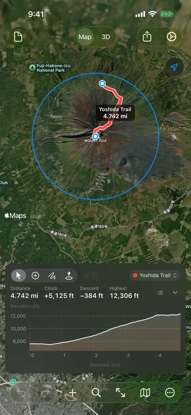 Geo Elevation on iPhone: the Yoshida Trail on Mount Fuji with its profile in the card: 4.742 miles, climb 5,125 feet