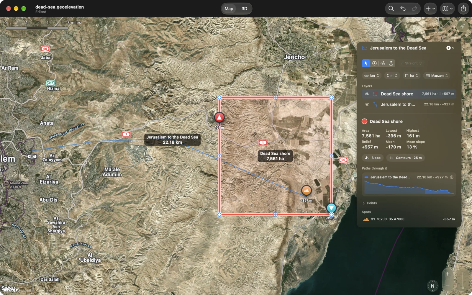 Geo Elevation on the Mac: a spot height of minus 357 metres near the Dead Sea shore, listed under Spots in the panel
