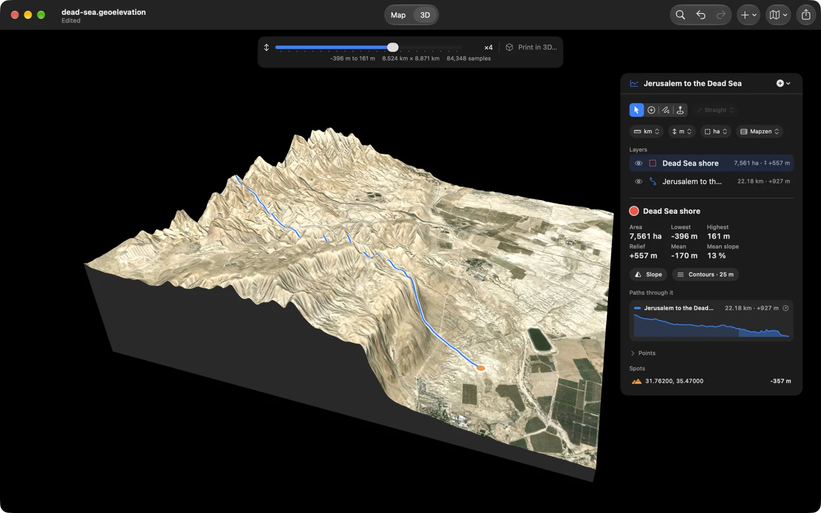 The ground from Jerusalem down to the Dead Sea in 3D at ×4, the path drawn in blue down to the shore