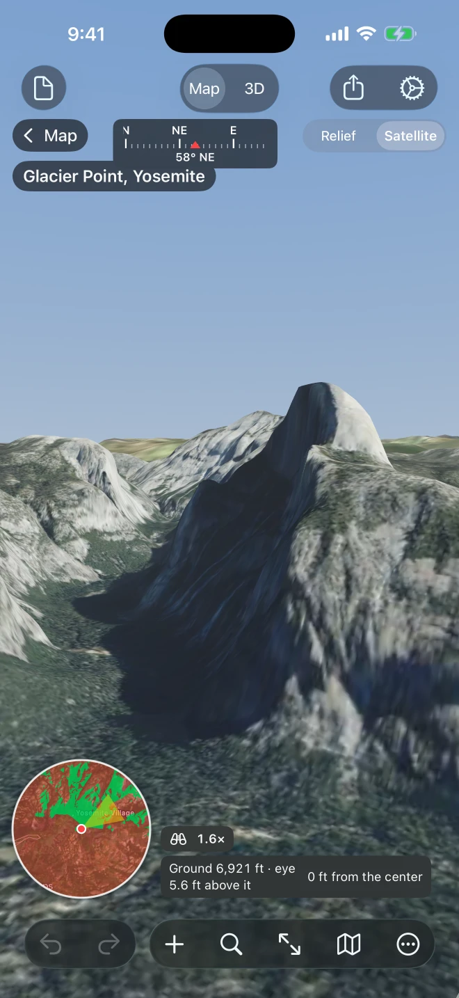 Look on iPhone from Glacier Point: Half Dome in satellite imagery, Map and the circle's name at the top left, the compass reading 58° NE, Relief and Satellite at the top right, the mini map at the bottom left, the zoom chip at 1.6× and the readout Ground 6,921 ft, eye 5.6 ft above it, 0 ft from the center