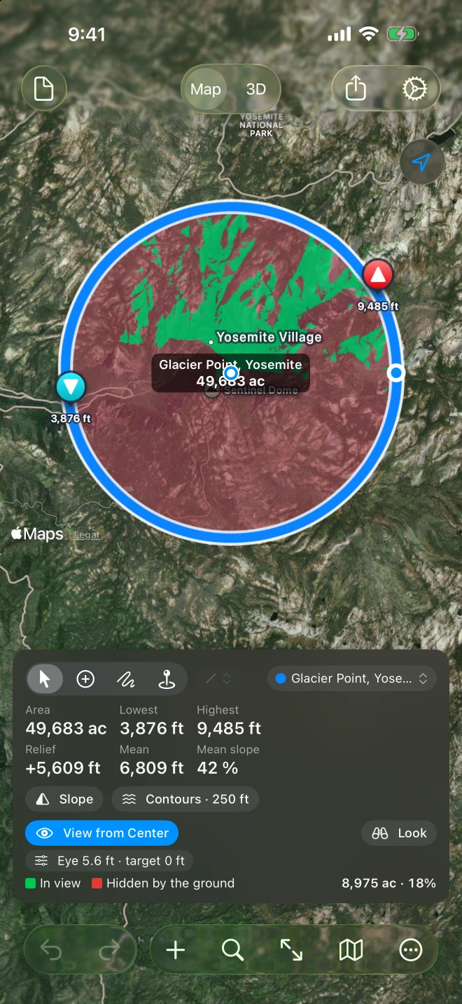 Geo Elevation on iPhone: the Glacier Point circle in green and red on a satellite map, and the card with the area's numbers, Slope and Contours, View from Center switched on, Look, the heights chip Eye 5.6 ft · target 0 ft and the legend with 8,975 ac · 18%