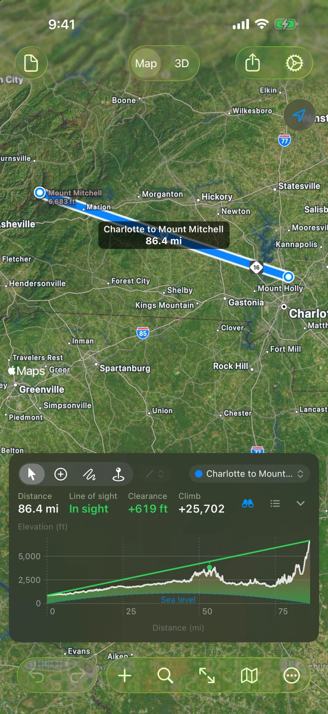 Geo Elevation on iPhone: the path from Charlotte to Mount Mitchell on a satellite map, and the card with Distance 86.4 mi, Line of sight In sight, Clearance +619 ft and the profile with the green line of sight above the ground and the arc of sea level below it