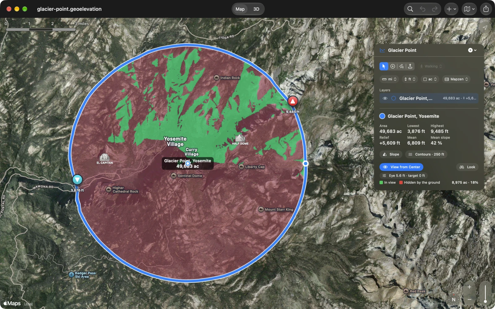 Geo Elevation on the Mac: an 8 km circle around Glacier Point in Yosemite, the ground the point can see in green and the ground hidden from it in red, and the panel with View from Center on, the heights Eye 5.6 ft and target 0 ft, and 8,975 acres in view, 18 percent of the circle