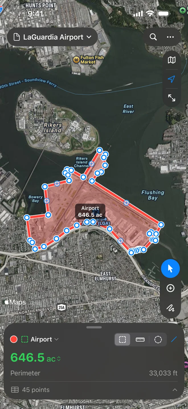 Geo Measure on iPhone: the map fills the screen with LaGuardia outlined and the sheet at the bottom reading 646.5 acres