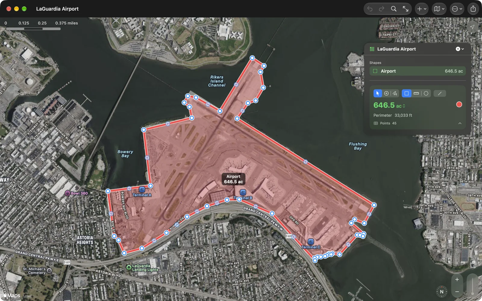 Geo Measure on the Mac: LaGuardia Airport outlined in 45 points, 646.5 acres
