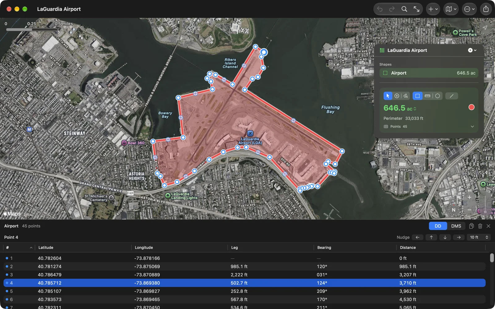 The points table under LaGuardia Airport on the Mac: latitude, longitude, the leg, the bearing and the distance so far, point 4 selected