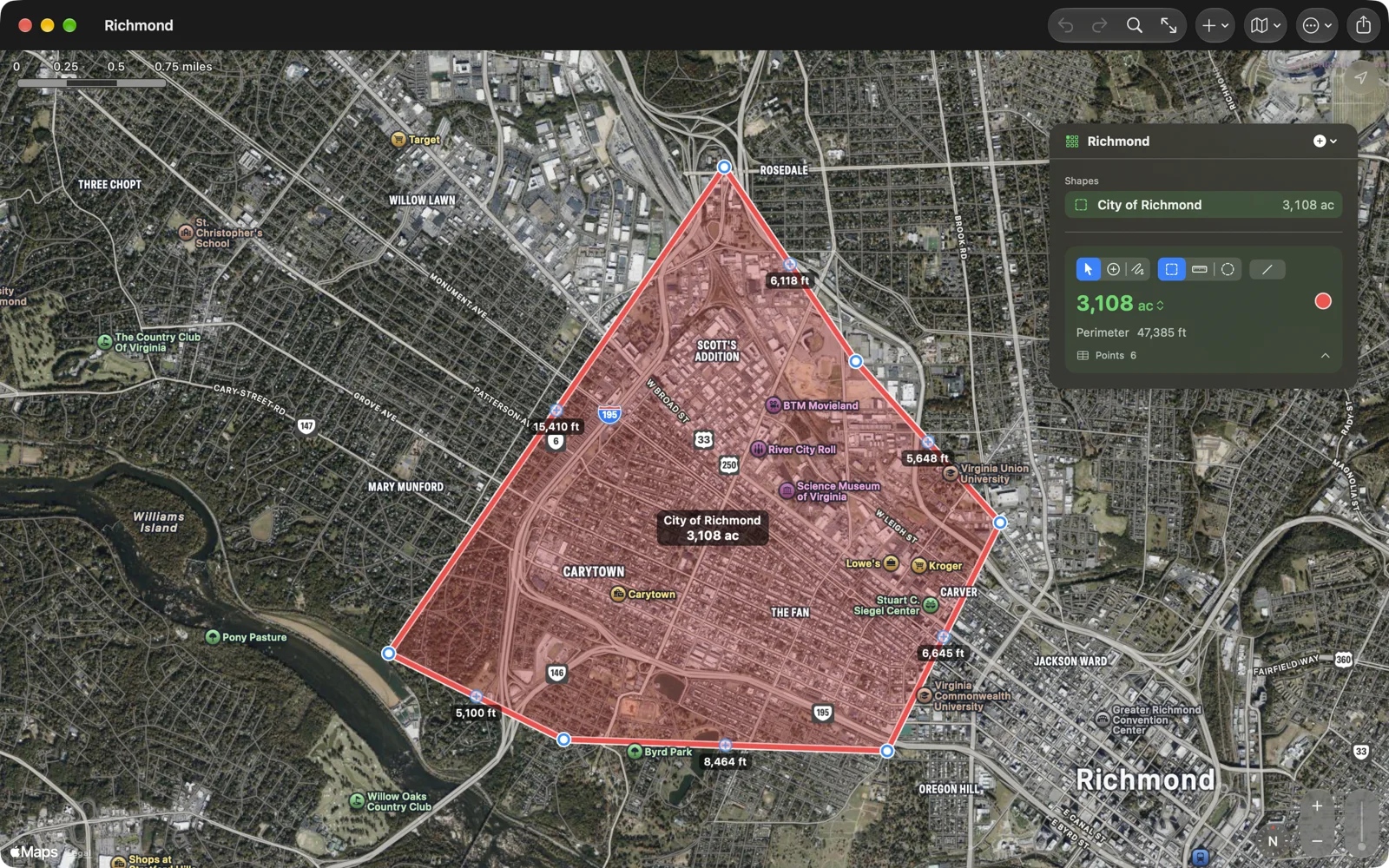 The City of Richmond outlined with each side's length written on the map