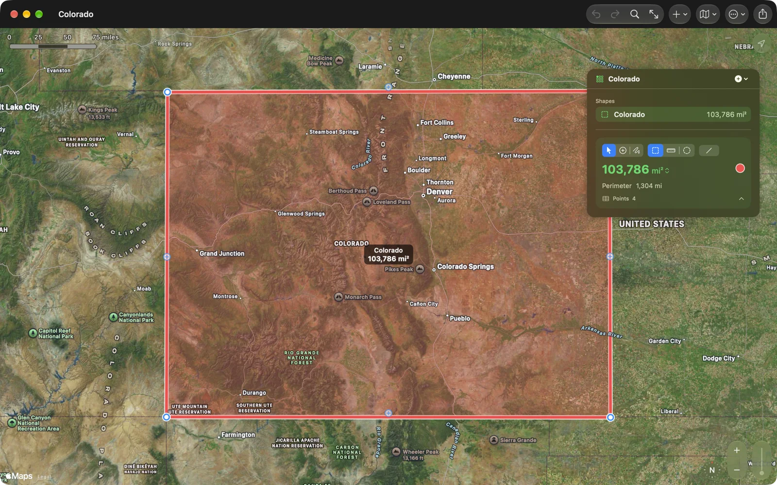 The four corners of Colorado on a satellite map, with the area in square miles