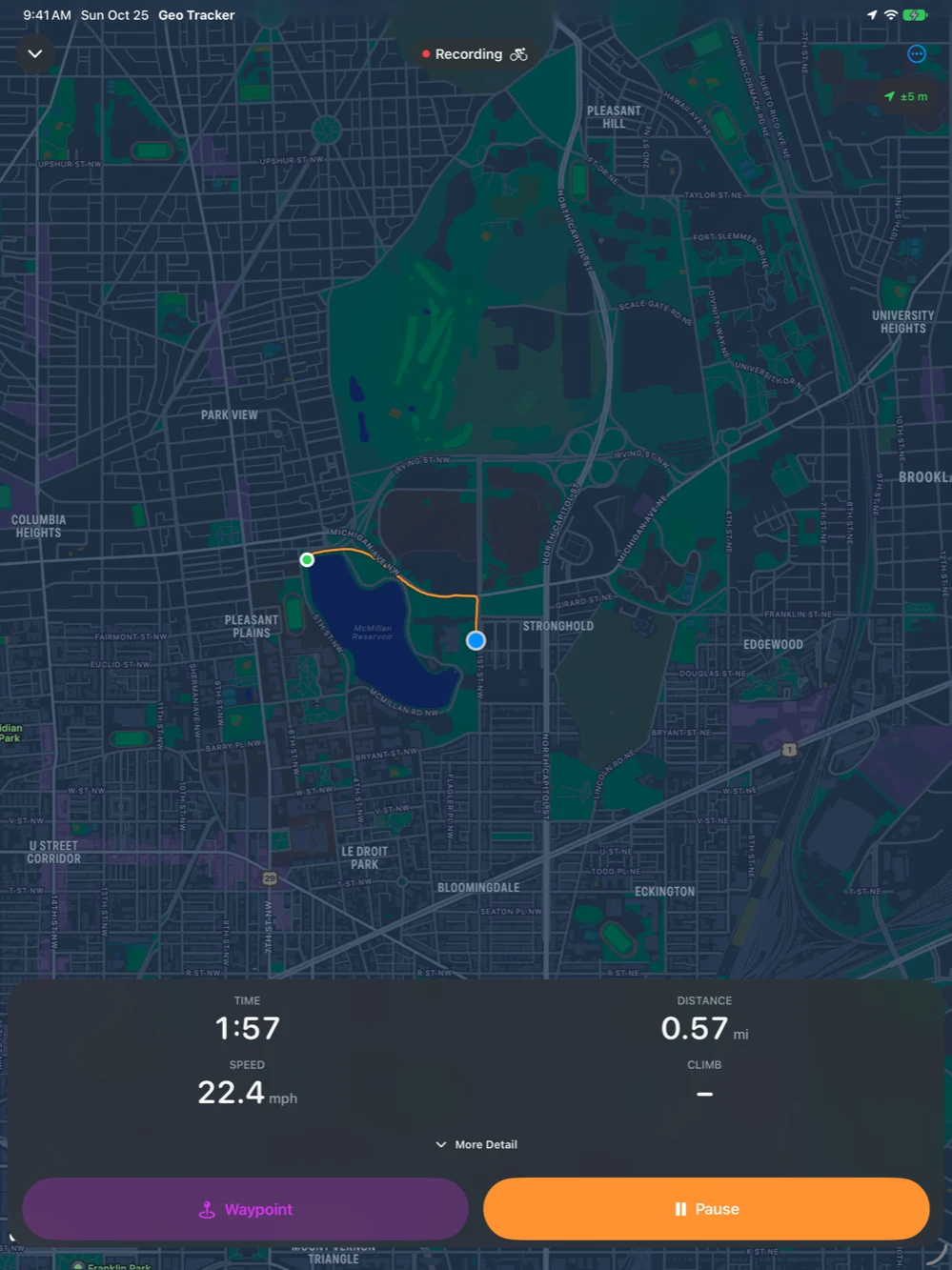 Recording a ride on iPad: the map of Washington, DC with the orange track, the Recording pill at the top, and the panel with Time, Distance, Speed and Climb above the Waypoint and Pause buttons