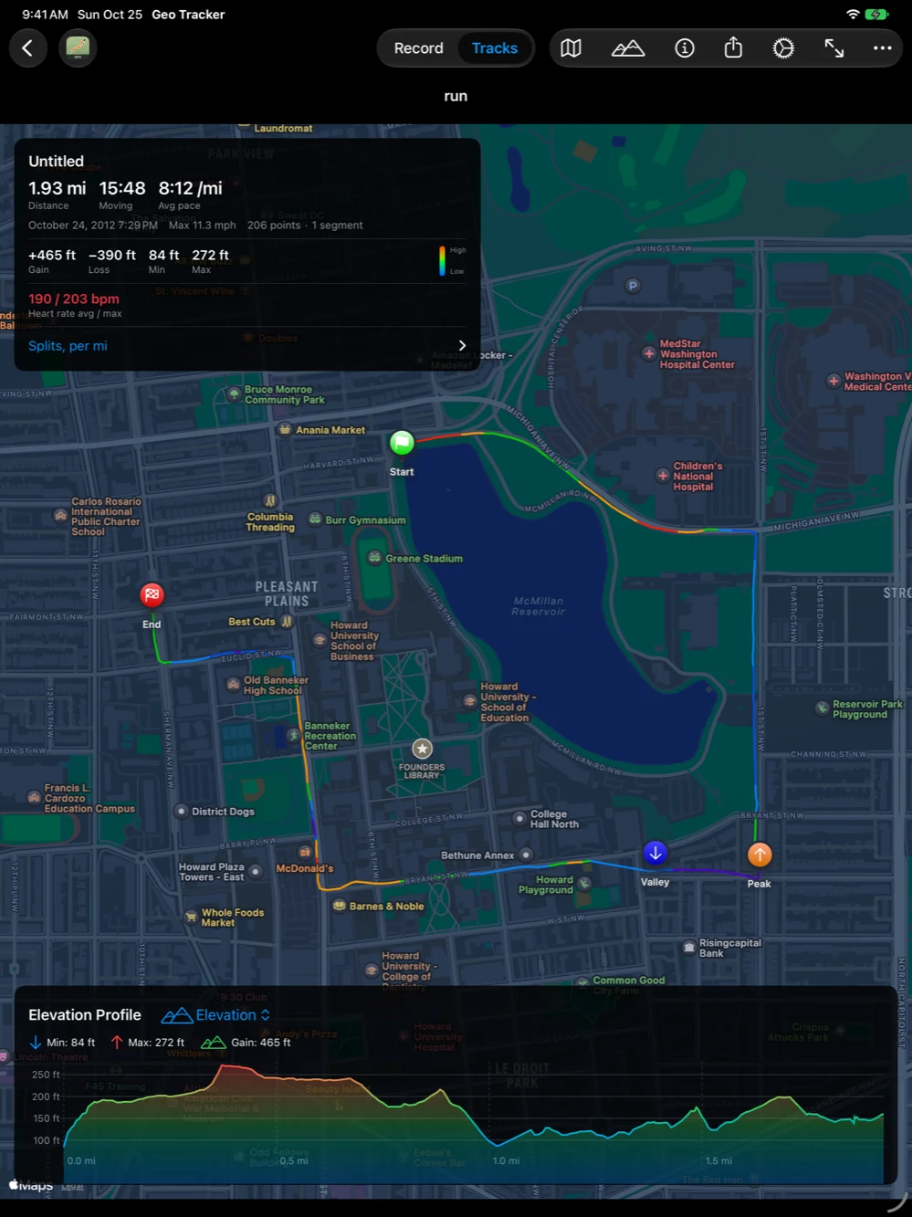The same run on iPad, with the track's name in the title bar and the toolbar buttons across the top