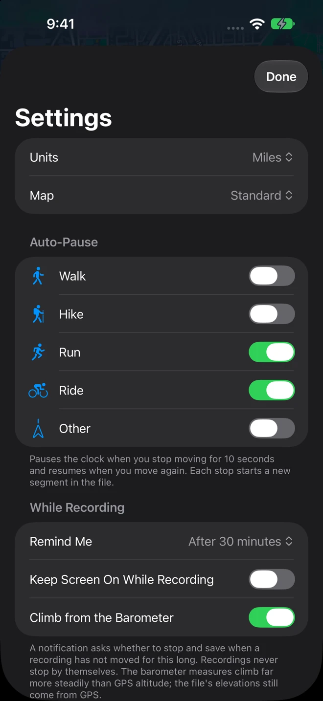 Geo Tracker's Settings on iPhone: Units set to Miles and Map to Standard, Auto-Pause switches for Walk, Hike, Run, Ride and Other, and under While Recording, Remind Me after 30 minutes, Keep Screen On While Recording and Climb from the Barometer