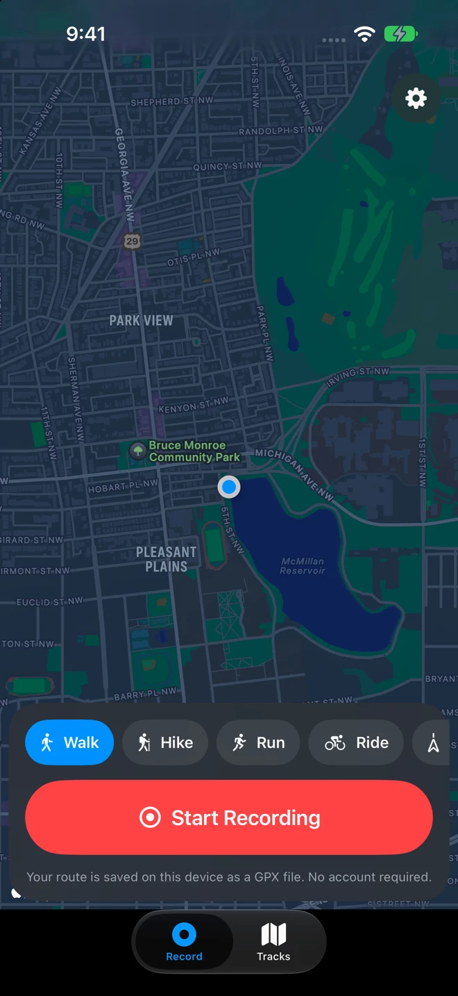 The Record tab on iPhone: the map around your location, the activity chips Walk, Hike, Run and Ride, the red Start Recording button and the line Your route is saved on this device as a GPX file. No account required.