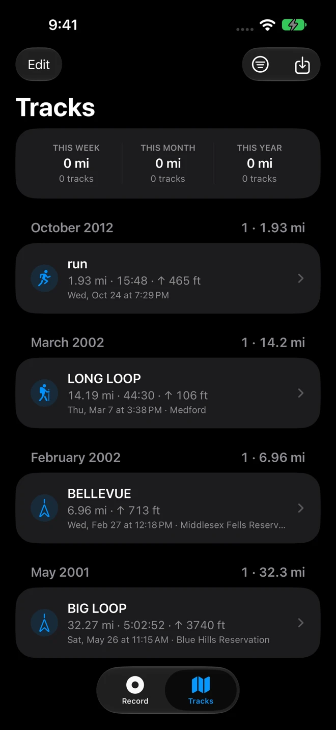 The Tracks list on iPhone: This Week, This Month and This Year totals, then months with their count and distance, and rows such as Long Loop, 14.19 mi · 44:30 · ↑ 106 ft, Thu, Mar 7 at 3:38 PM · Medford
