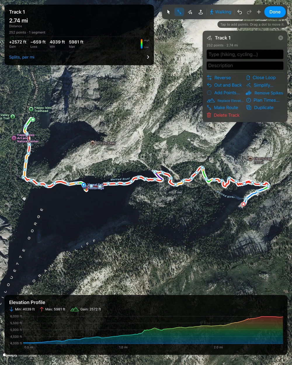 A route drawn with Walking along the Mist Trail in Yosemite on iPad, on satellite imagery, with 2.74 miles, a gain of 2,572 feet and an elevation chart from 4,039 to 5,981 feet