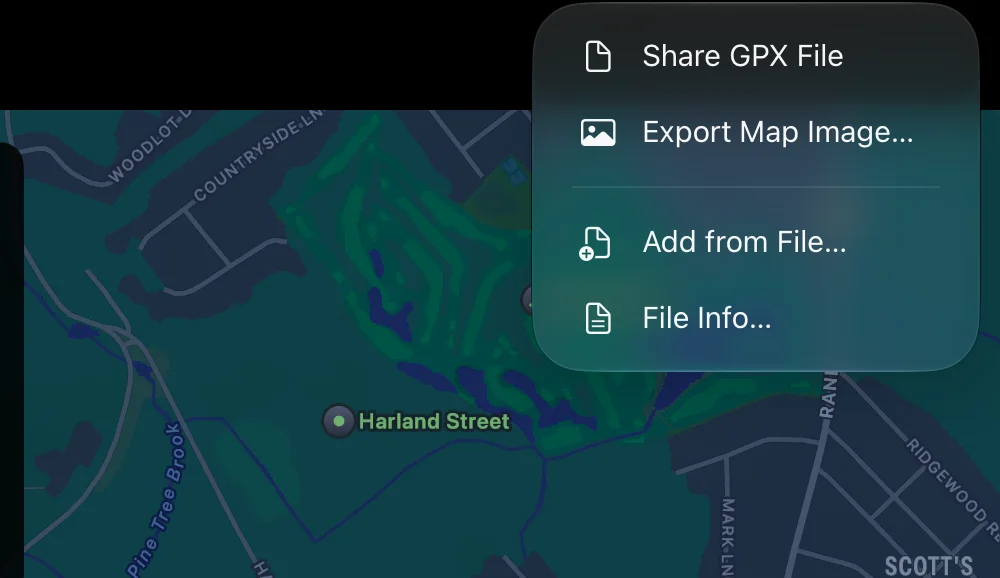 The Share menu open on iPad: Share GPX File, Export Map Image…, Add from File… and File Info…