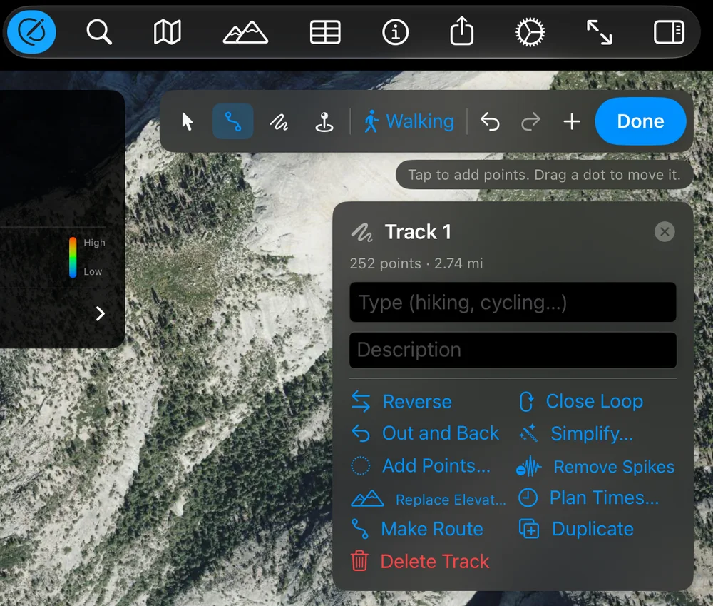 The toolbar in edit mode, from Edit to Tracks, with the edit bar below it (tools, Walking, undo, redo, Done) and the panel of the selected track with its tools, over a drawn route in Yosemite