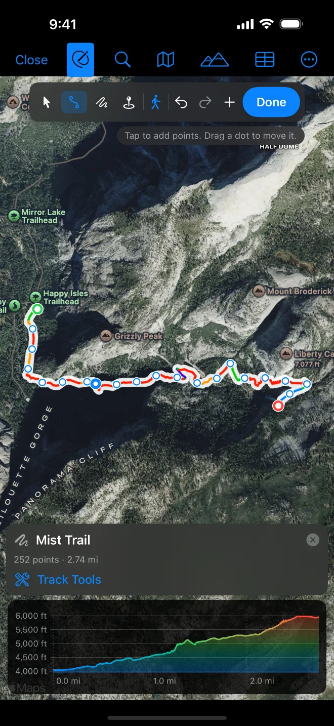 GPX Explore on iPhone in edit mode: the Mist Trail drawn with Walking, the edit bar at the top and Track Tools at the bottom