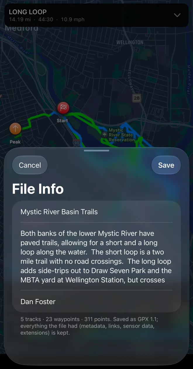 The File Info sheet on iPhone for the Mystic River Basin Trails file: its name, description and author, and a line saying 5 tracks, 23 waypoints and 311 points