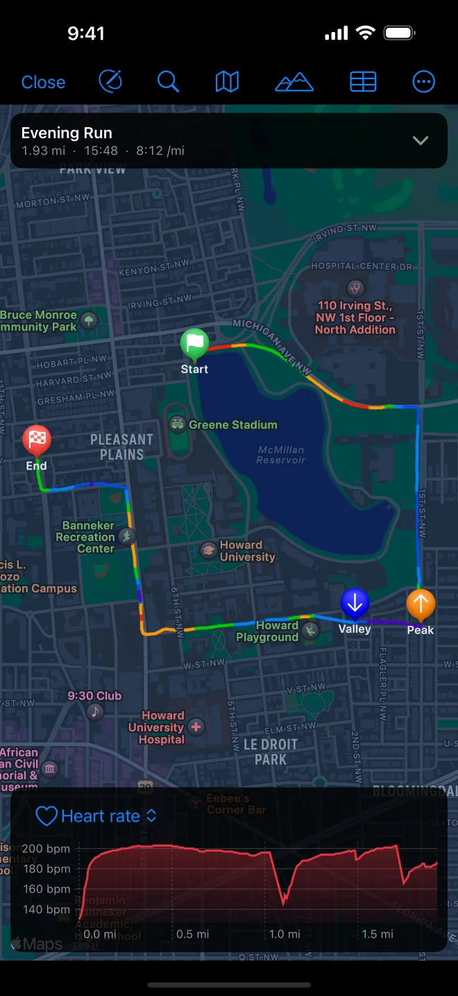 GPX Explore on iPhone: the run with its heart-rate chart and the route card strip