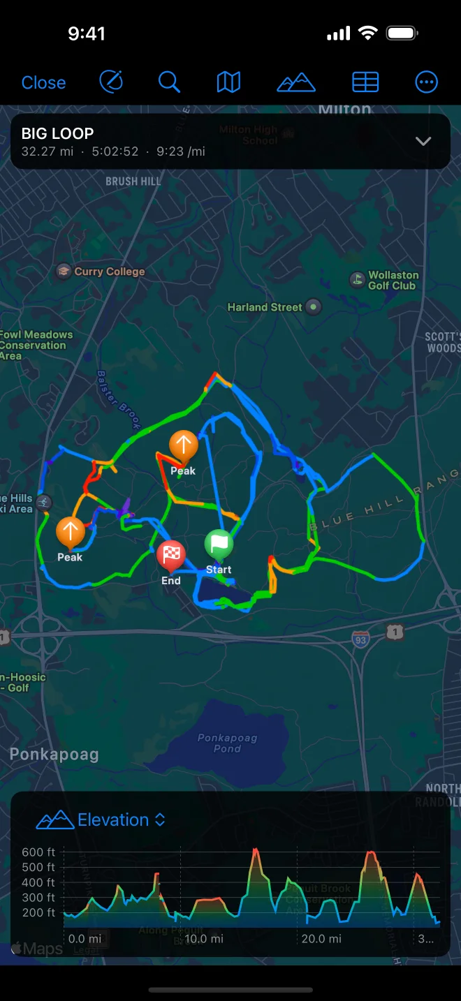 GPX Explore on iPhone: three hikes in the Blue Hills coloured by grade, with the card strip at the top and the elevation chart
