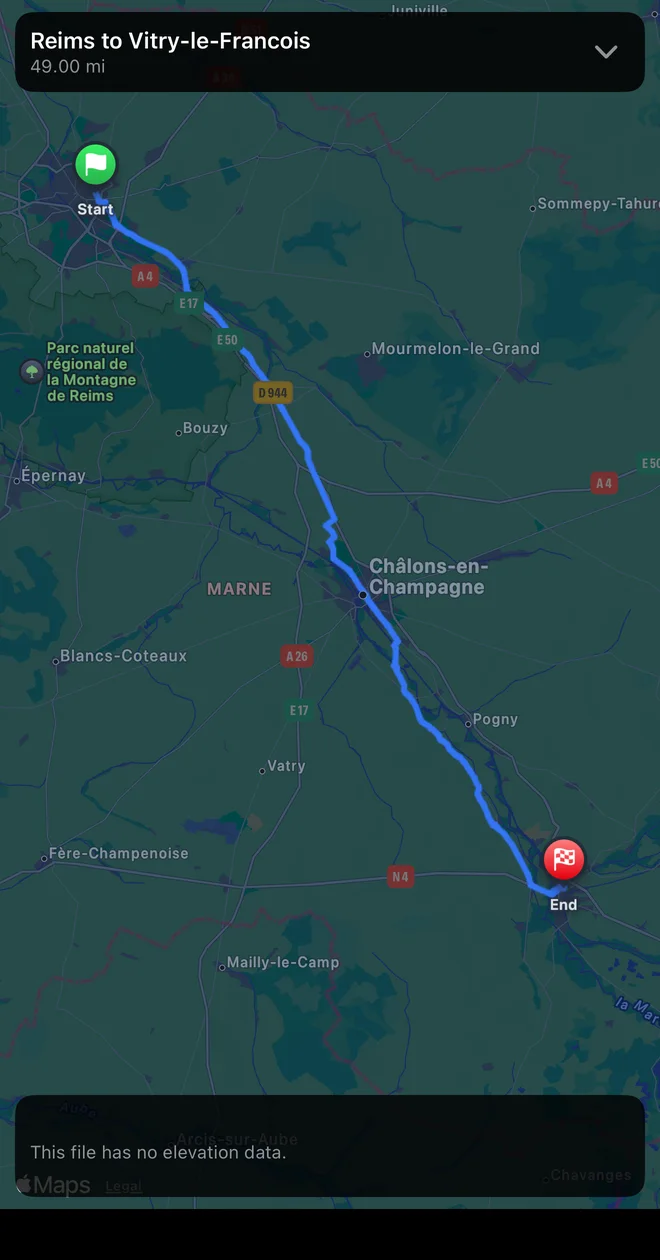 A route from Reims to Vitry-le-Francois on iPhone with the chart reading This file has no elevation data.