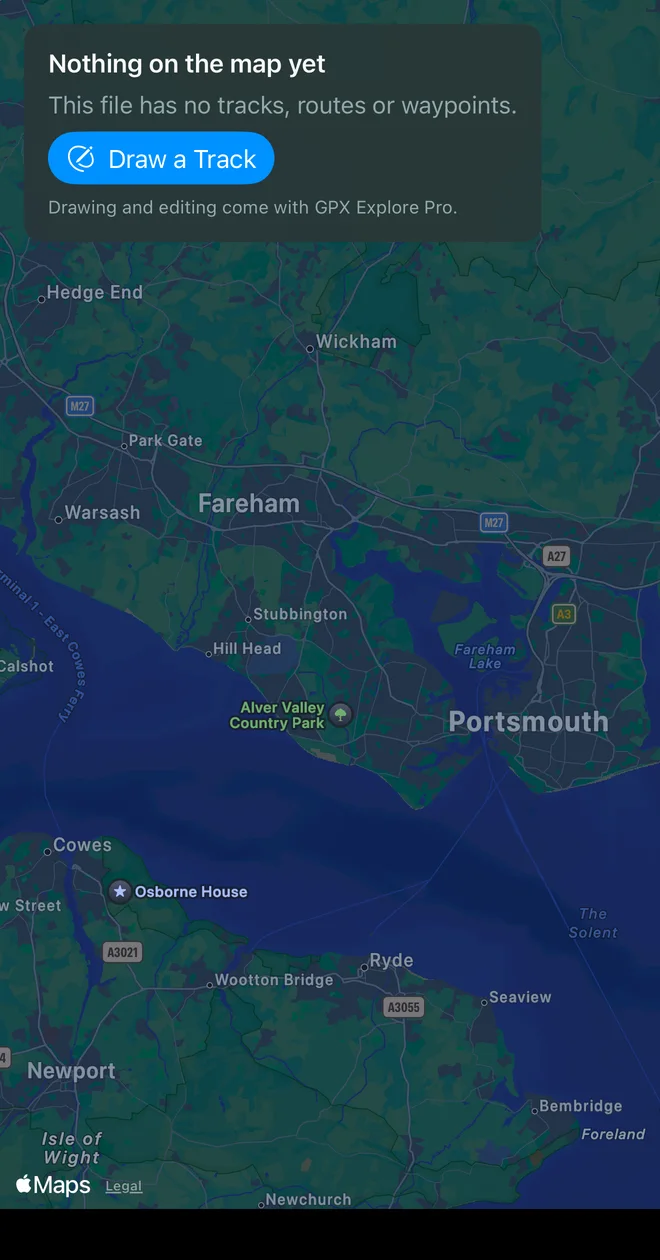 An empty GPX file on iPhone: the notice Nothing on the map yet, This file has no tracks, routes or waypoints, a Draw a Track button and a line saying drawing and editing come with GPX Explore Pro