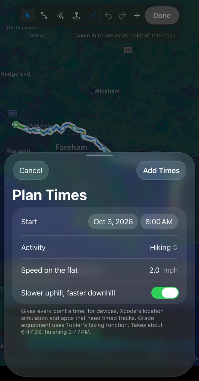 The Plan Times sheet on iPhone: start October 3 at 8:00 AM, Hiking at 2.0 mph on the flat, slower uphill and faster downhill on, and how long the route will take