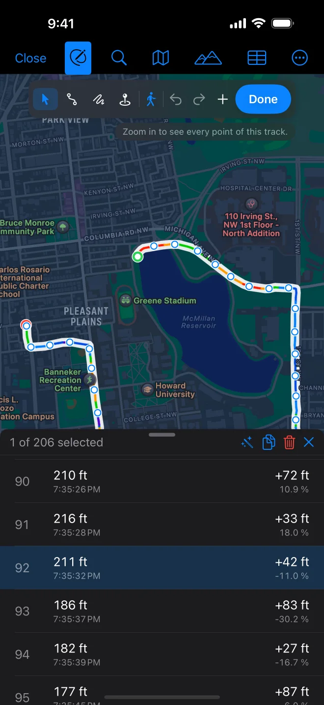The Points sheet on iPhone under a run, with point 92 selected on the map