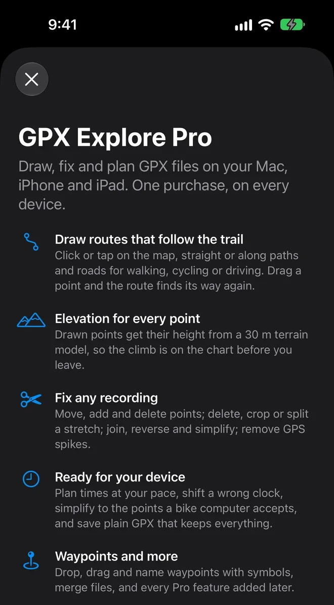 The GPX Explore Pro screen on iPhone: what Pro adds, drawing along trails, elevation for every point, fixing recordings, times for your device, and waypoints