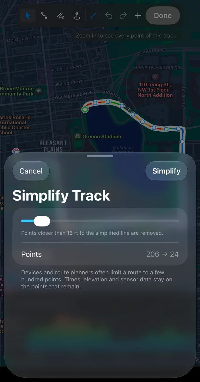 The Simplify Track sheet on iPhone: the tolerance slider at 16 feet and the point count going from 206 to 24