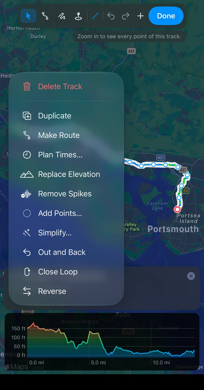 The Track Tools menu open on iPhone over a route near Portsmouth, from Delete Track and Duplicate down to Simplify, Out and Back, Close Loop and Reverse