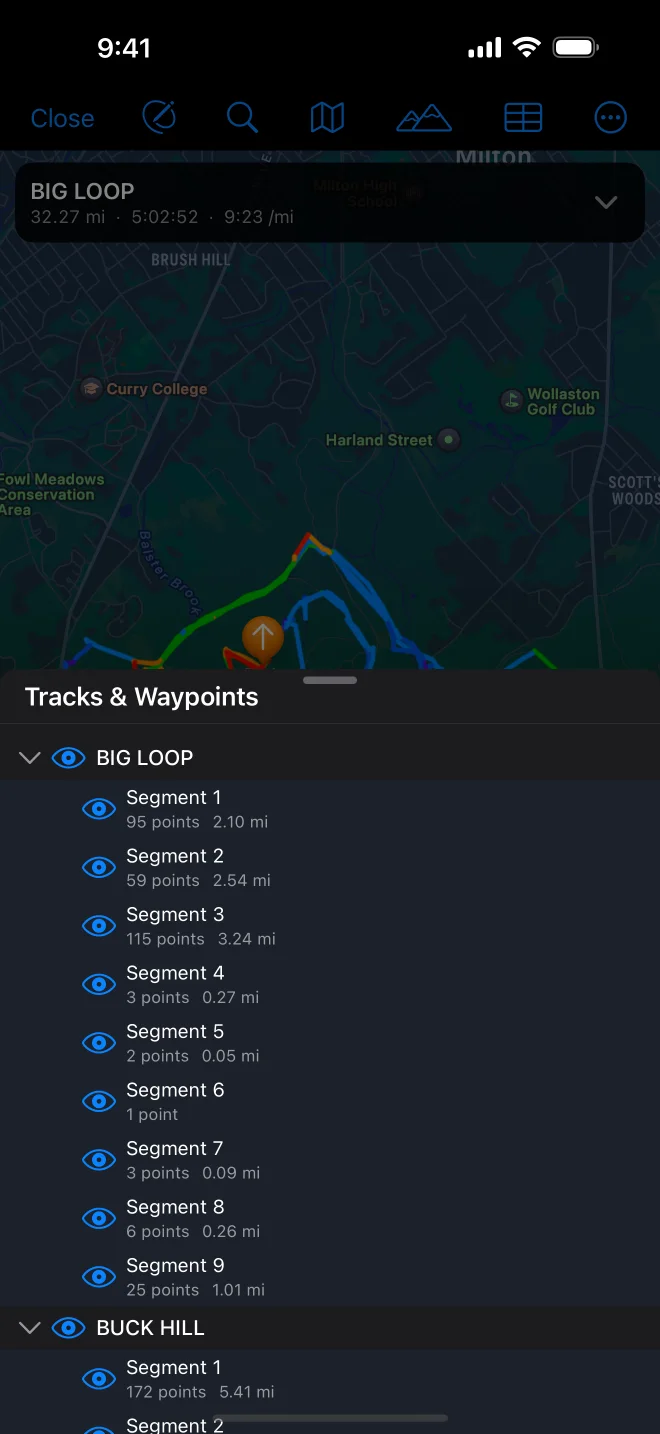 The Tracks & Waypoints sheet on iPhone, with three tracks and their segments