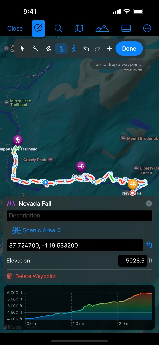 GPX Explore on iPhone: the Nevada Fall waypoint's panel with its description, symbol, coordinates and elevation