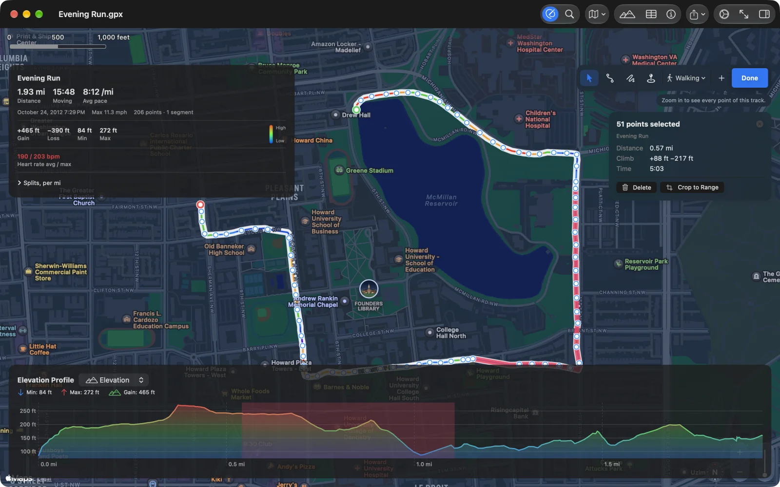 A run on the Mac with 51 points selected in pink on the map and shaded on the chart, and a panel with their distance, climb and time and the Delete and Crop to Range buttons