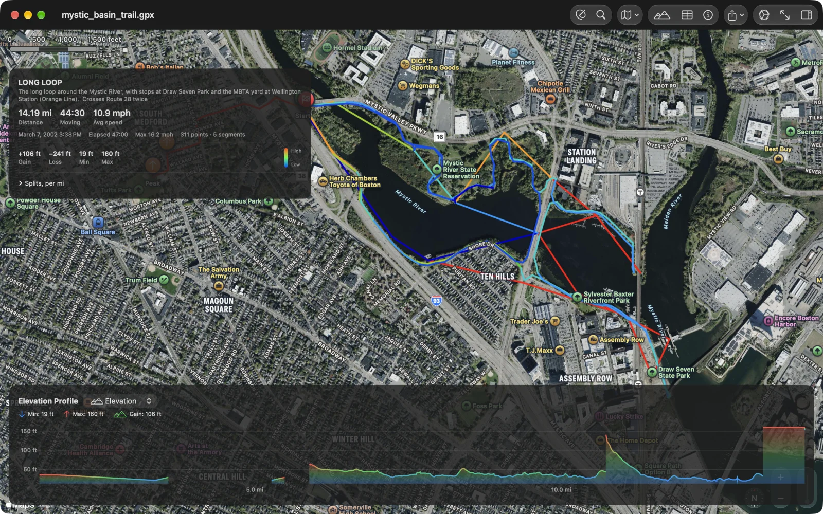 Tracks, planned routes and waypoints around the Mystic River on the hybrid map, coloured by elevation
