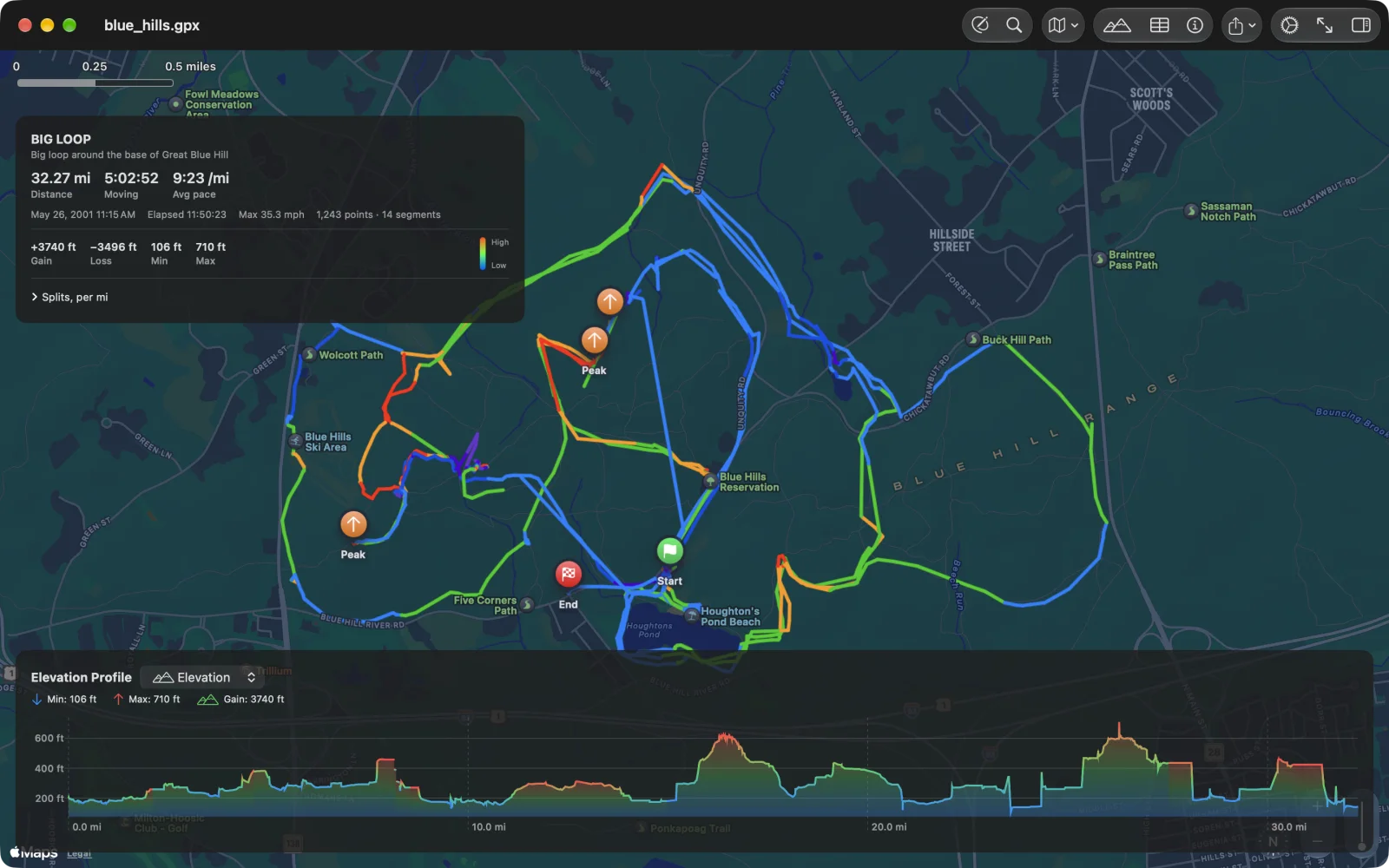 GPX Explore on the Mac: three hikes in the Blue Hills Reservation coloured by grade, with peaks marked, the route card and the elevation profile