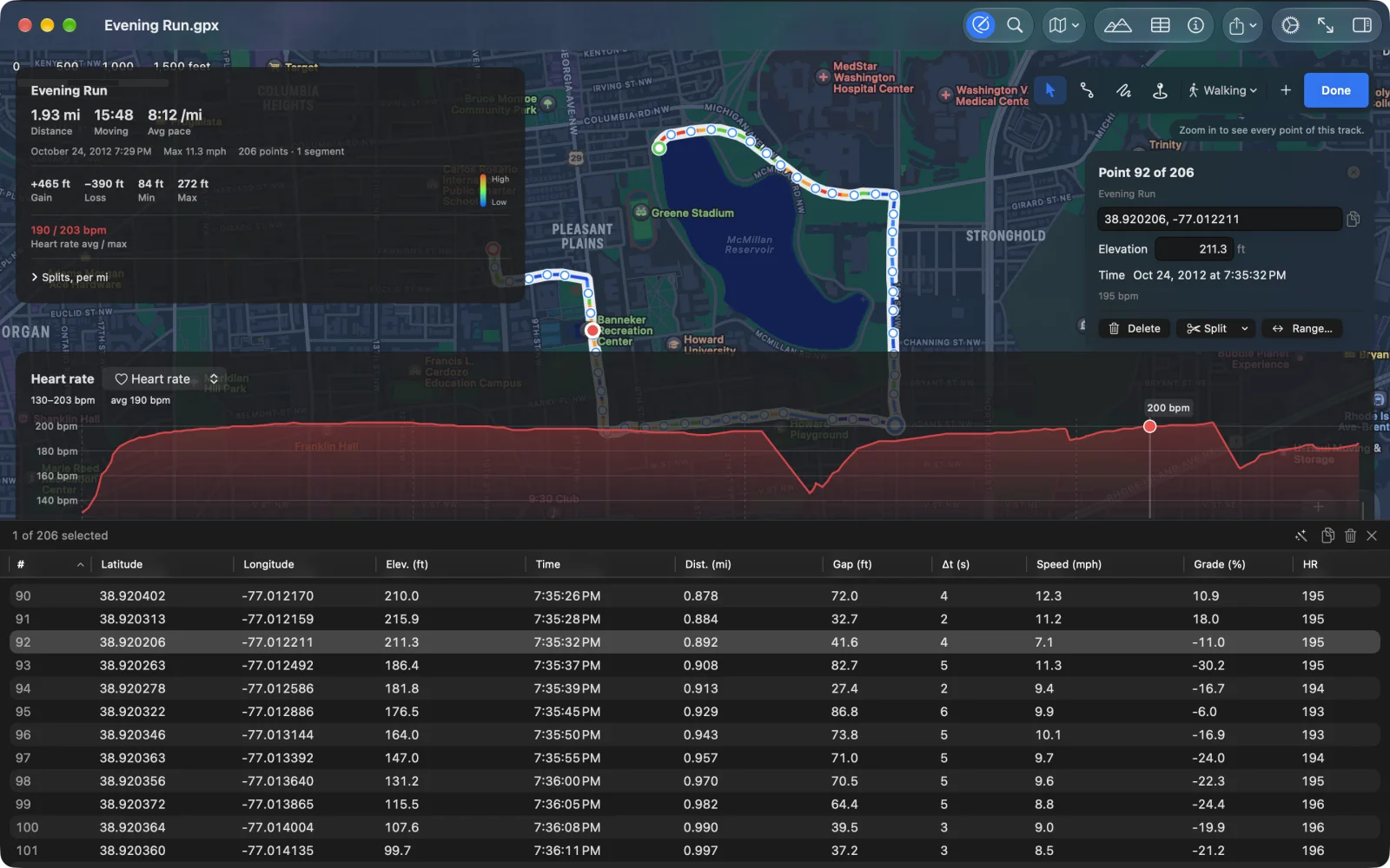 The Points table under the map on the Mac: point 92 of 206 selected, with latitude, longitude, elevation, time, distance, gap, seconds, speed, grade and heart rate